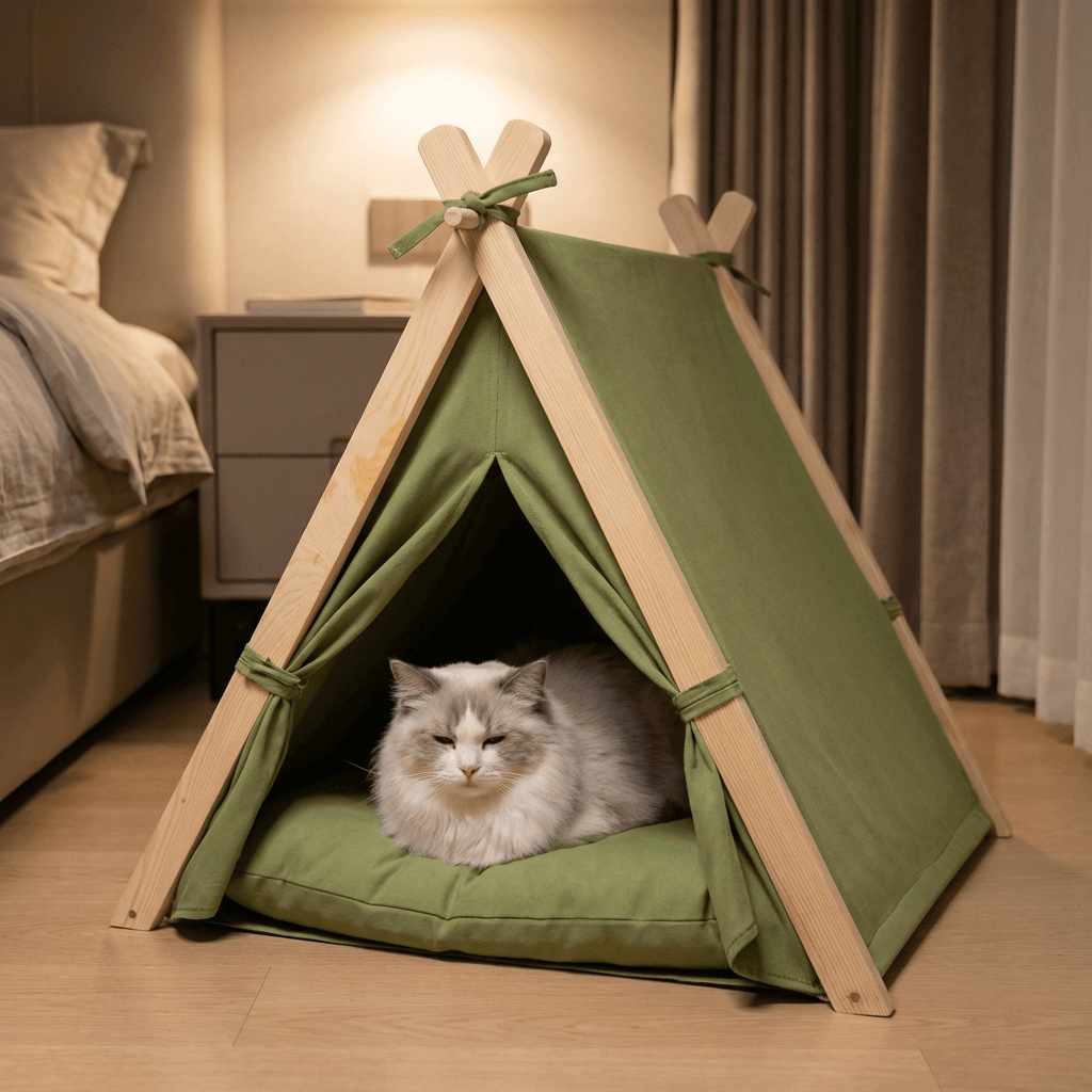 4-Season Washable Pet Tent Bed with cozy cat inside, featuring breathable materials for year-round comfort.