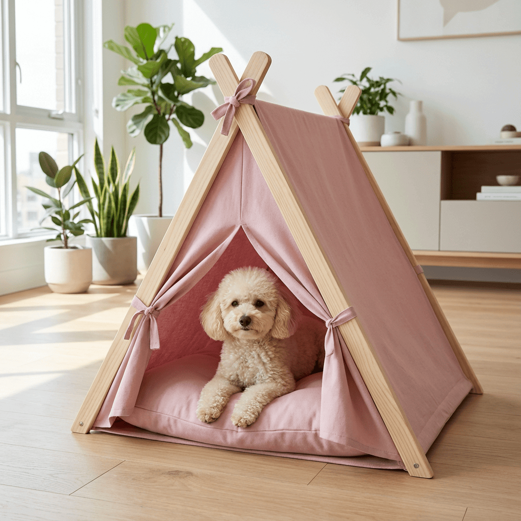 4-Season Washable Pet Tent Bed for dogs and cats. Cozy pink tent bed with breathable materials for year-round comfort.