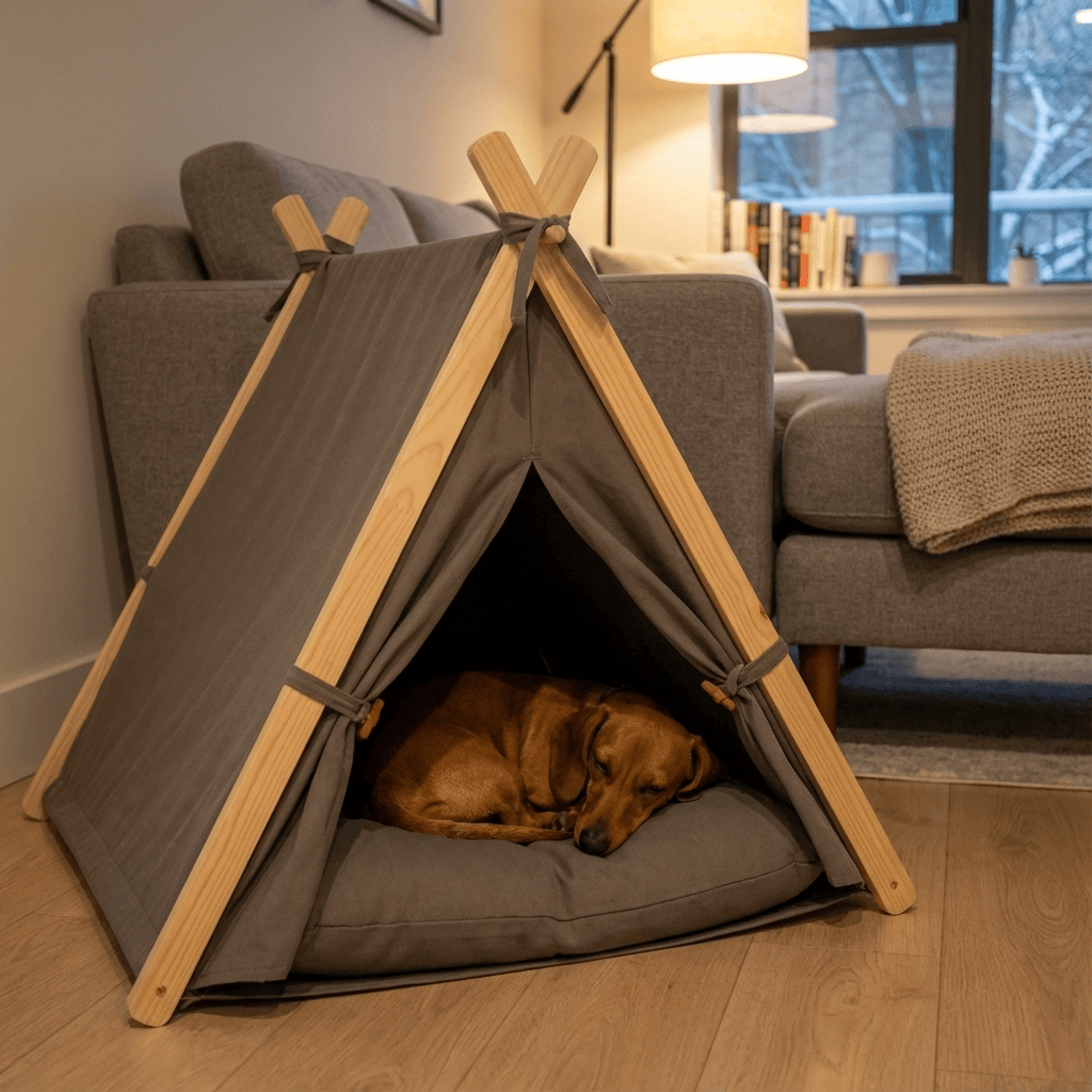 Cozy dog sleeping in 4-Season Washable Pet Tent Bed, perfect for all seasons, designed for Dogs & Cats.