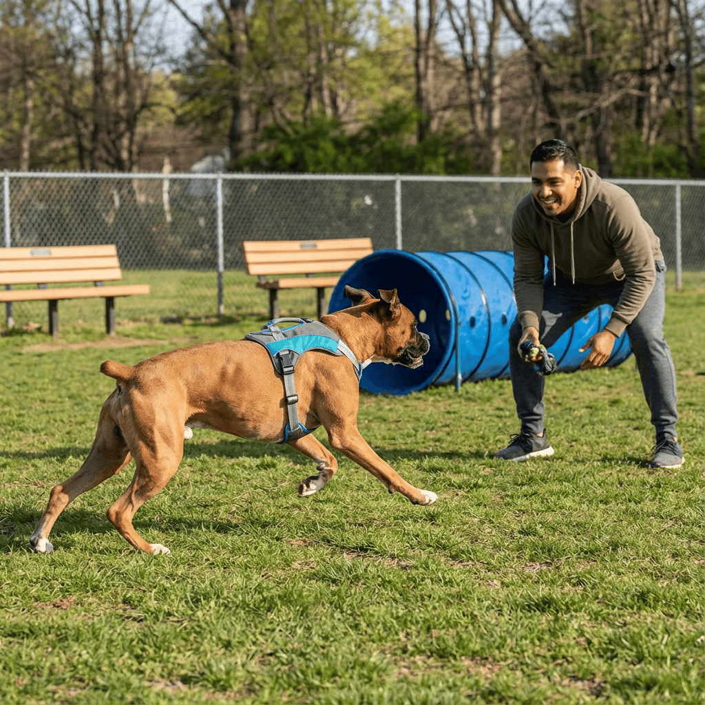 ActiveGuard Dog Harness on a medium dog playing fetch in a park, showcasing comfort and control during outdoor activities.