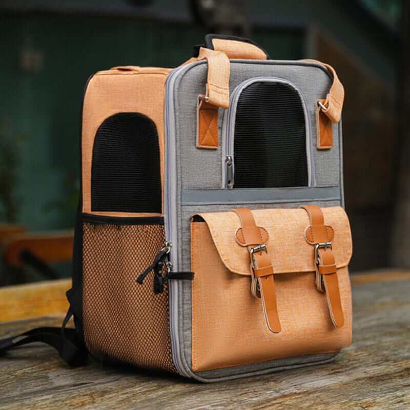 AirFlow Pet Travel Backpack for dogs and cats, features breathable mesh panels and secure design for travel.