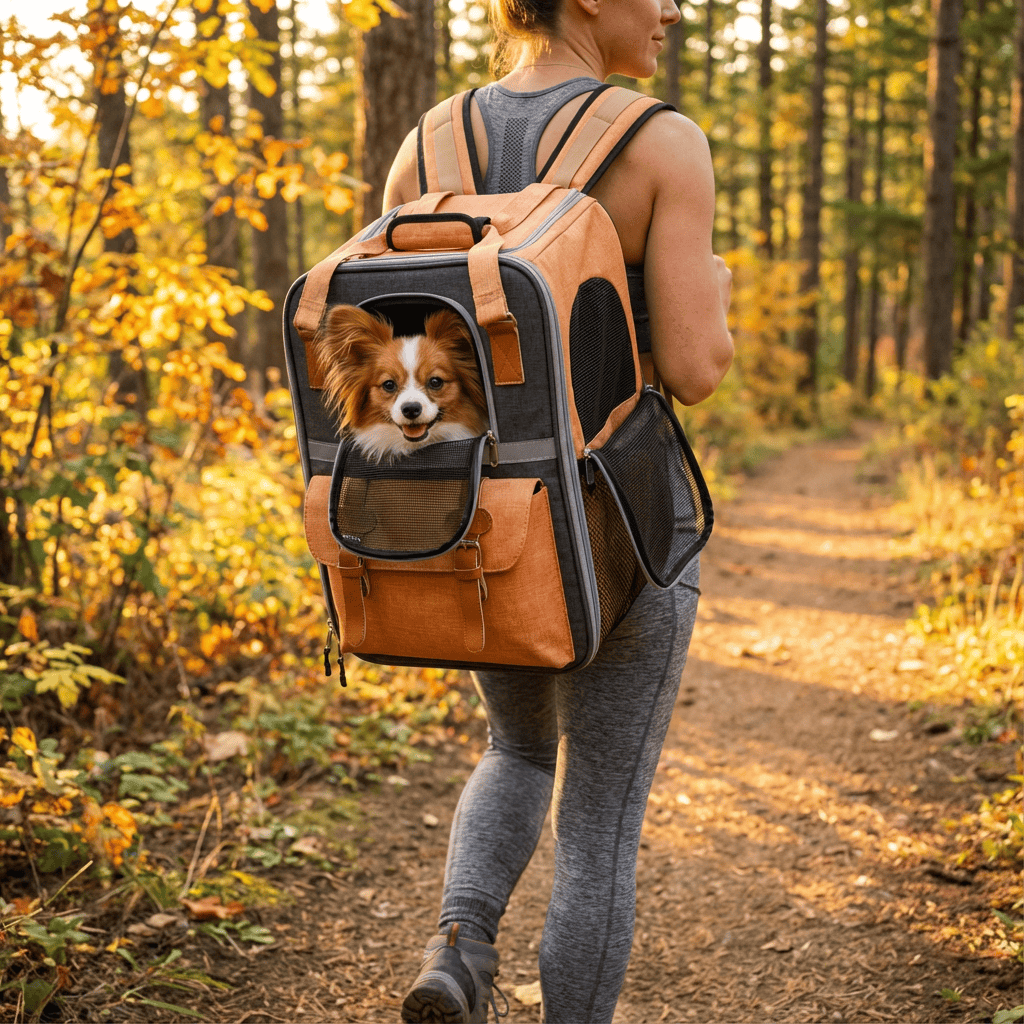 AirFlow Pet Travel Backpack featuring a small dog comfortably secured in a breathable mesh backpack during an outdoor walk.