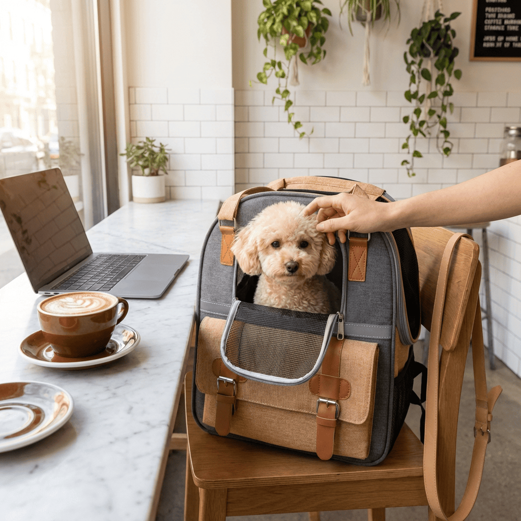 AirFlow Pet Travel Backpack with small dog inside, breathable design for travel comfort, ideal for dogs and cats.