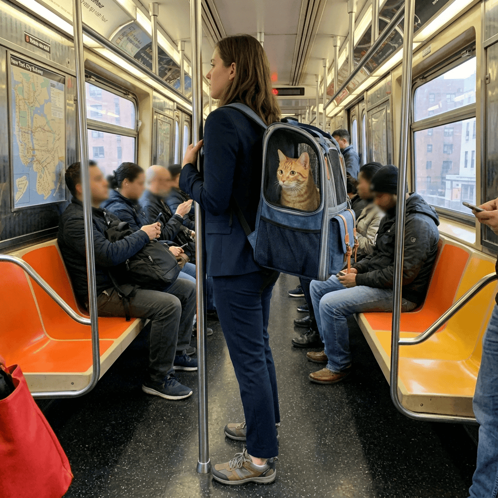 AirFlow Pet Travel Backpack featuring a cat in a subway, providing comfort and security for pets on the go.