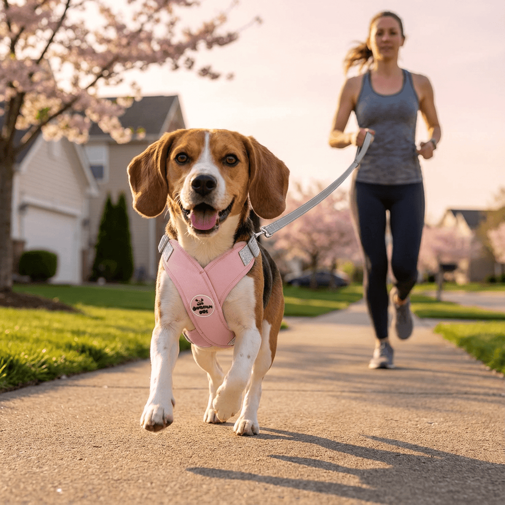 AirGlow Reflective Dog Harness on a Beagle during a run, featuring breathable materials and a reflective design for safety.