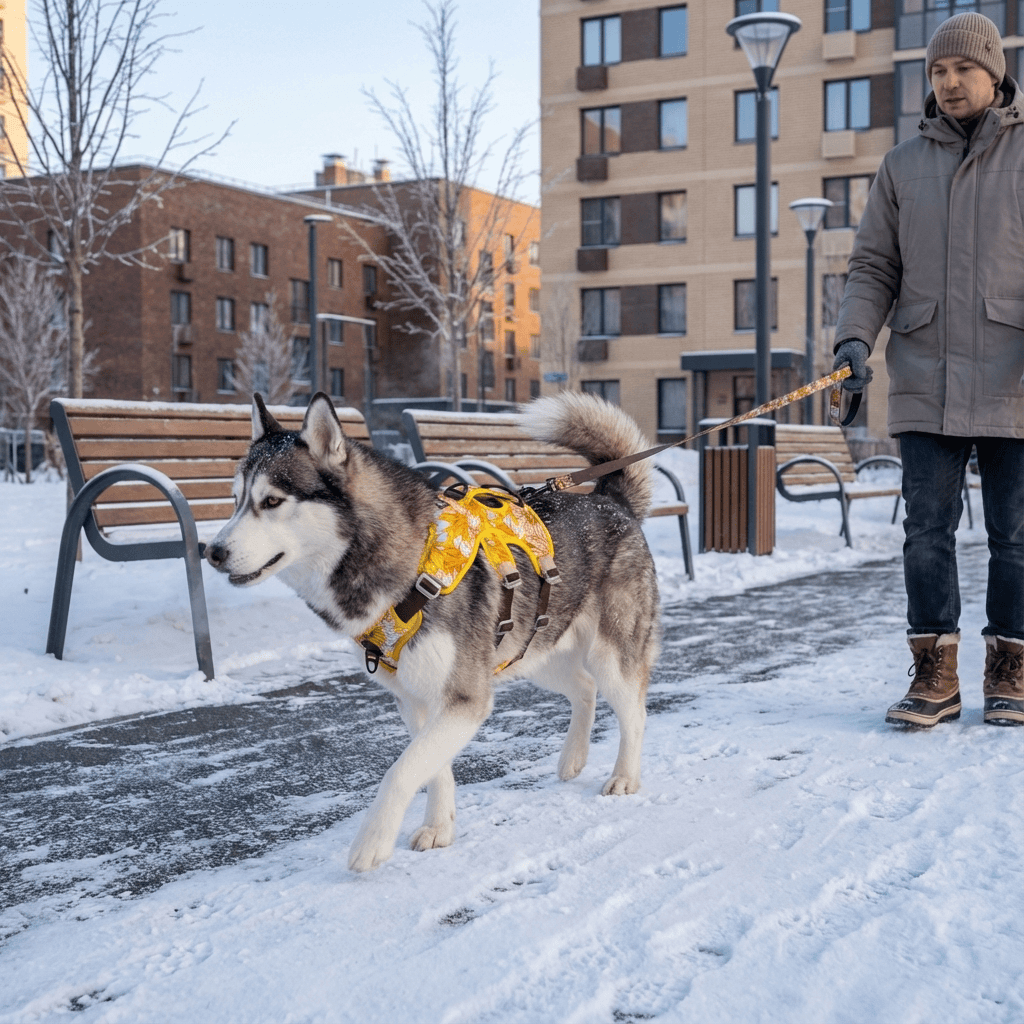 AquaGuard No-Pull Dog Harness on a Siberian Husky in a snowy park, showcasing the no-pull design by Dogs & Cats.