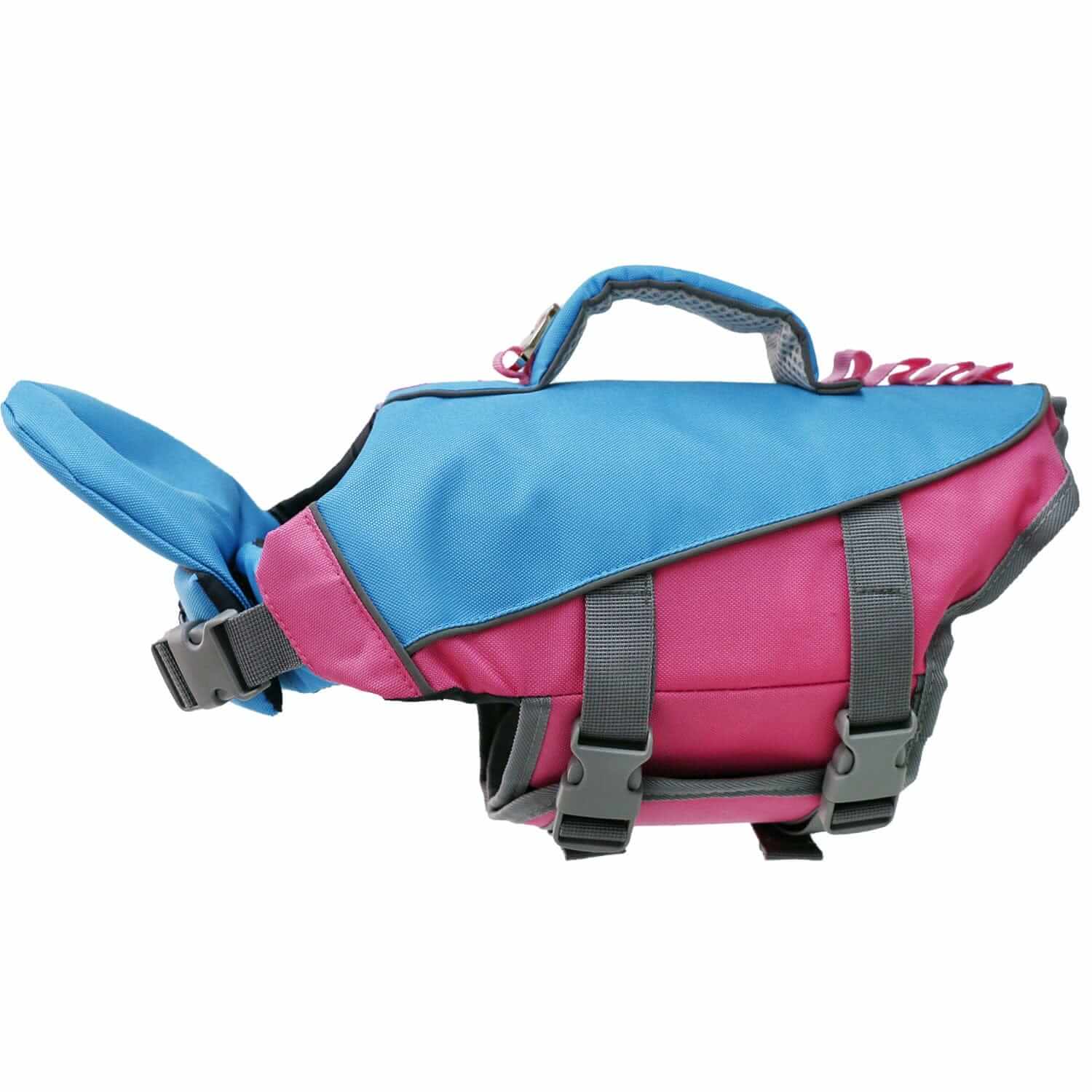 AquaGuard Shark Dog Life Jacket in pink and blue, designed for water safety and visibility for dogs.