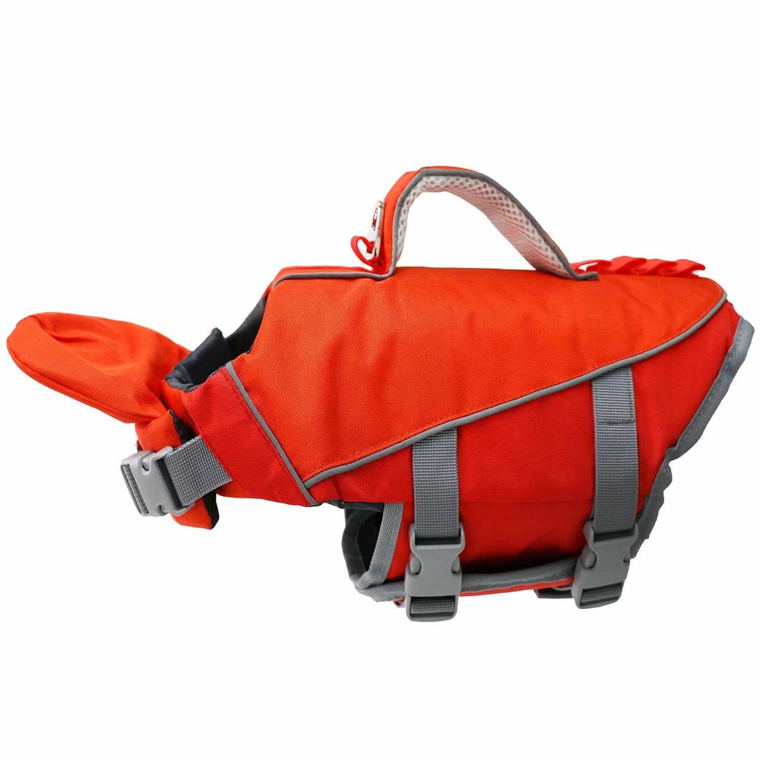 AquaGuard Shark Dog Life Jacket for dogs, high-visibility safety vest with adjustable straps and buoyant design.