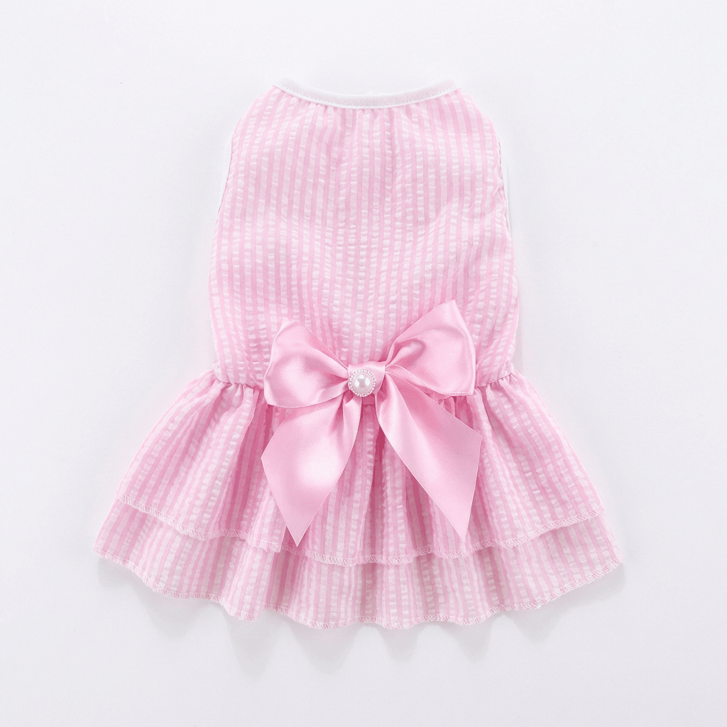 BowBelle Striped Dog Dress, a pink striped dress for small to medium dogs, featuring a cute bow knot by Dogs & Cats.