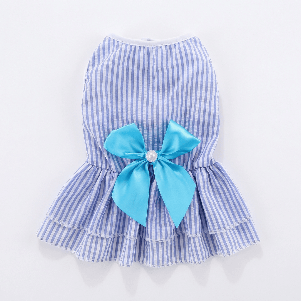 BowBelle Striped Dog Dress, striped dog dress with blue bow, perfect for small dogs, Dogs & Cats brand.