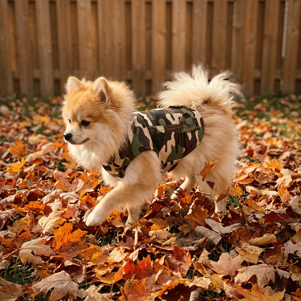 CamoChill Dog Vest on a fluffy dog in autumn leaves, stylish camo design for warmth and comfort.