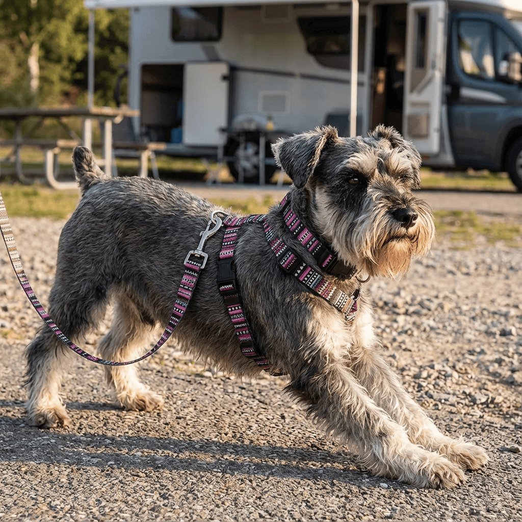 ChicPaws Dog Harness Set in use with a dog, showcasing adjustable harness, collar, and leash for style and comfort.