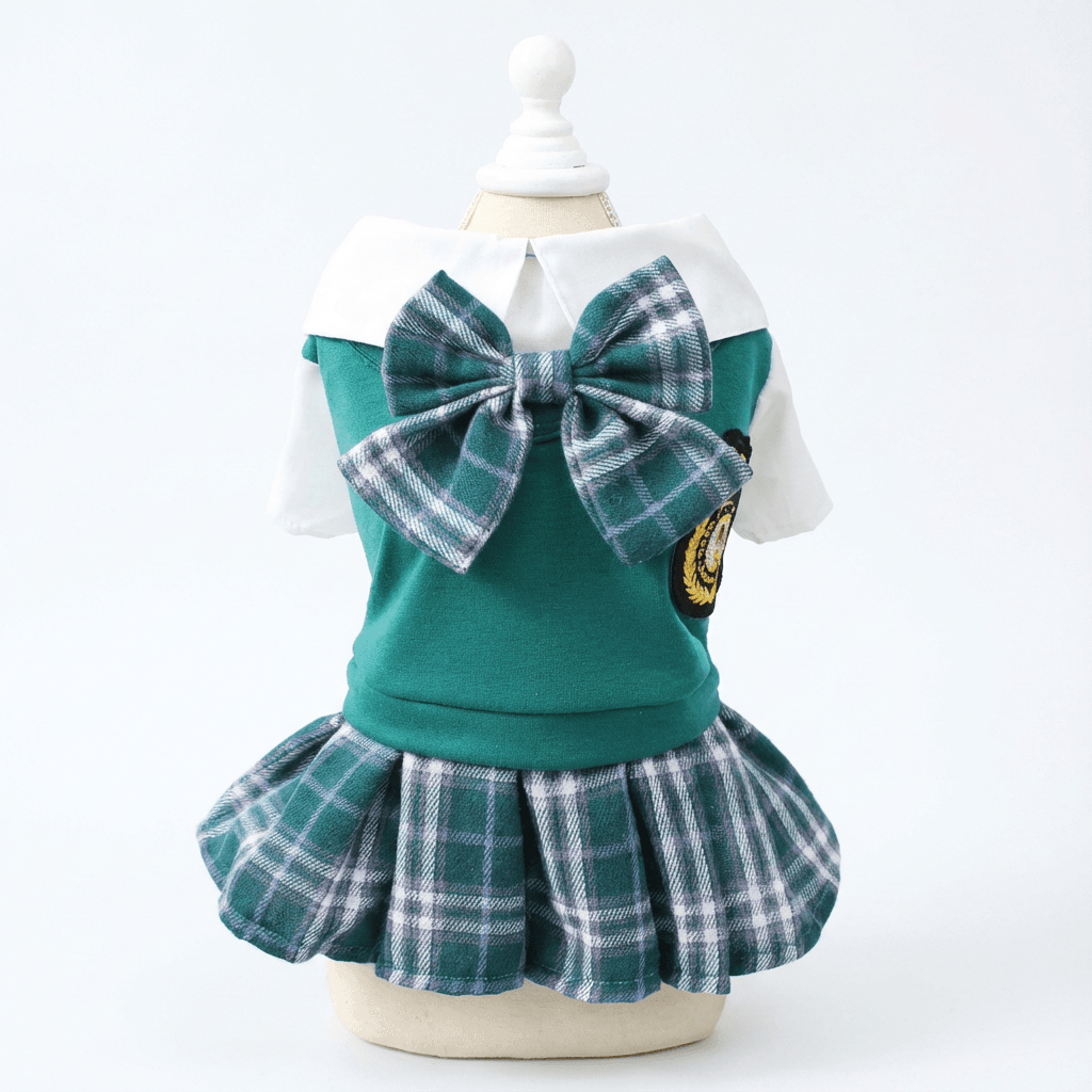 Chic Academy Pet Attire dress for dogs & cats features a collar and plaid skirt design with bow.