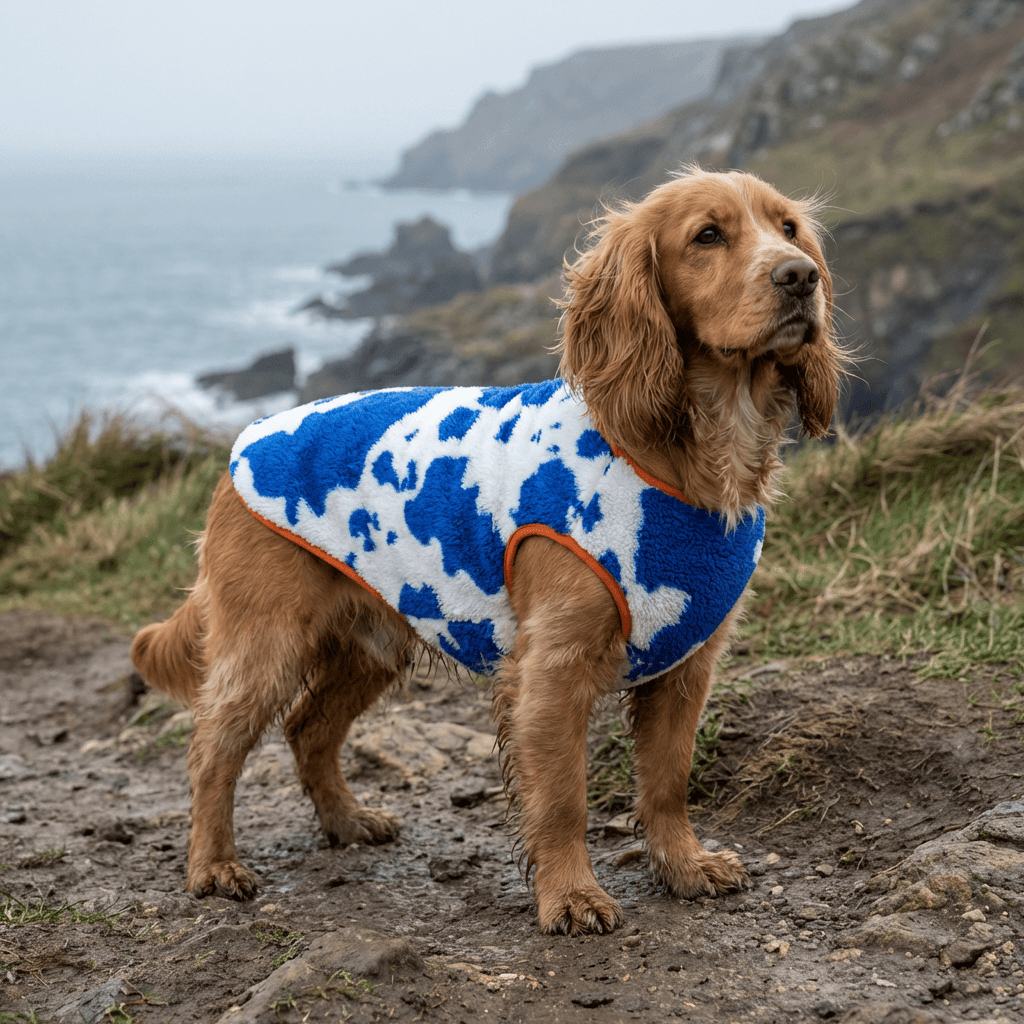 Dog wearing CloudFleece Comfort Vest, ultra-soft fleece vest providing warmth for dogs & cats during cool weather.