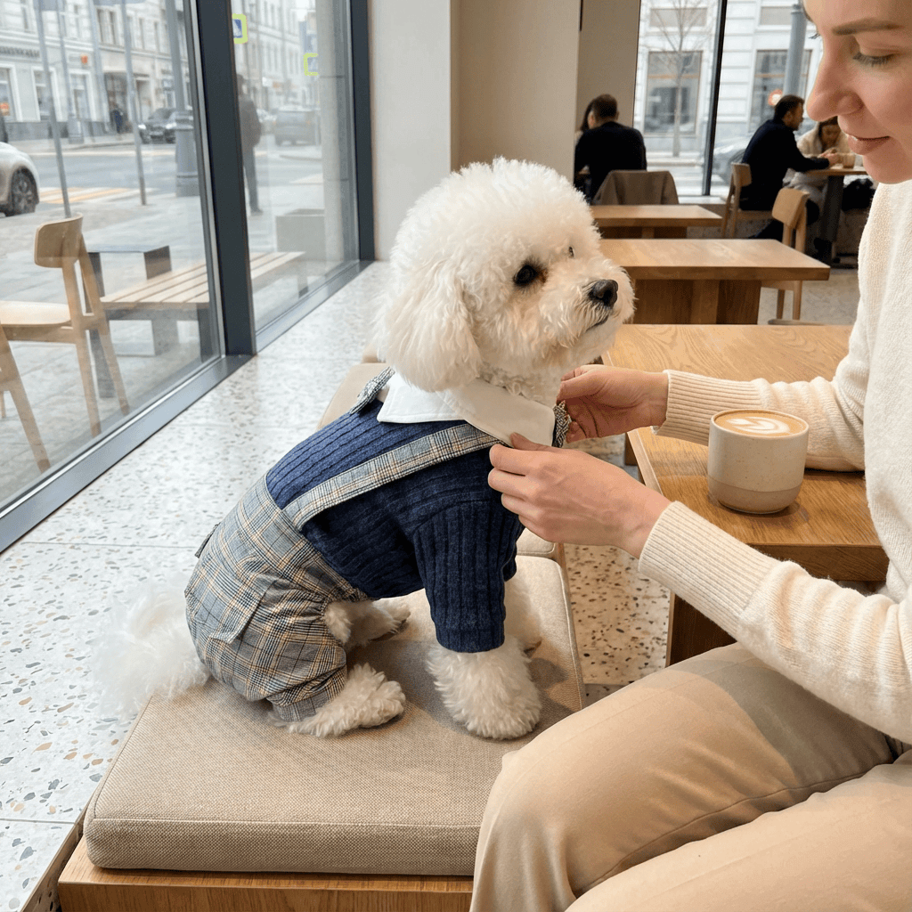 CozyPaws Knitted Dog Jumpsuit on a small dog in a café, warm and stylish outfit for dogs by Dogs & Cats.