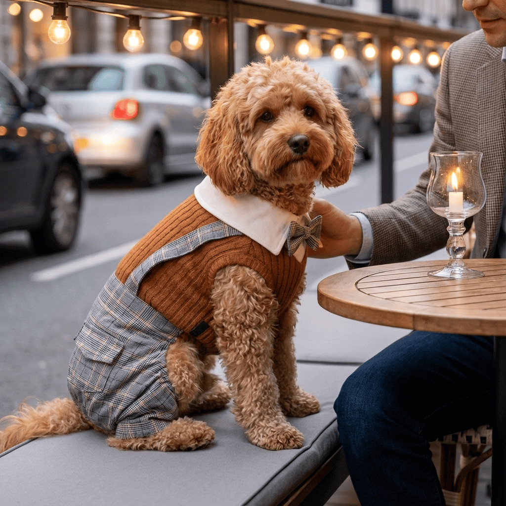 CozyPaws Knitted Dog Jumpsuit on a stylish dog at a cafe, showcasing warmth and elegance by Dogs & Cats.