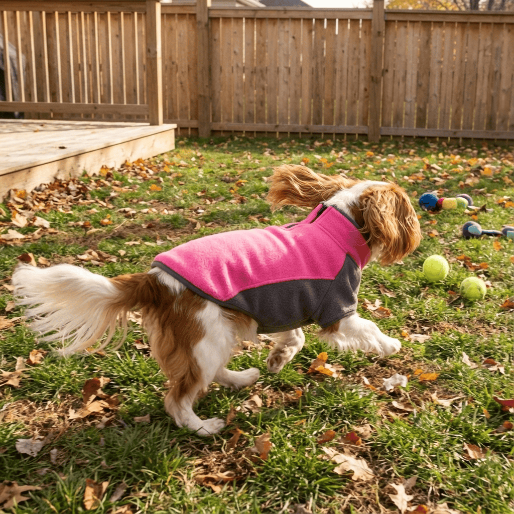 CozyPaws Stretchy Dog Sweater on a dog playing in a yard, providing warmth and comfort during winter months.