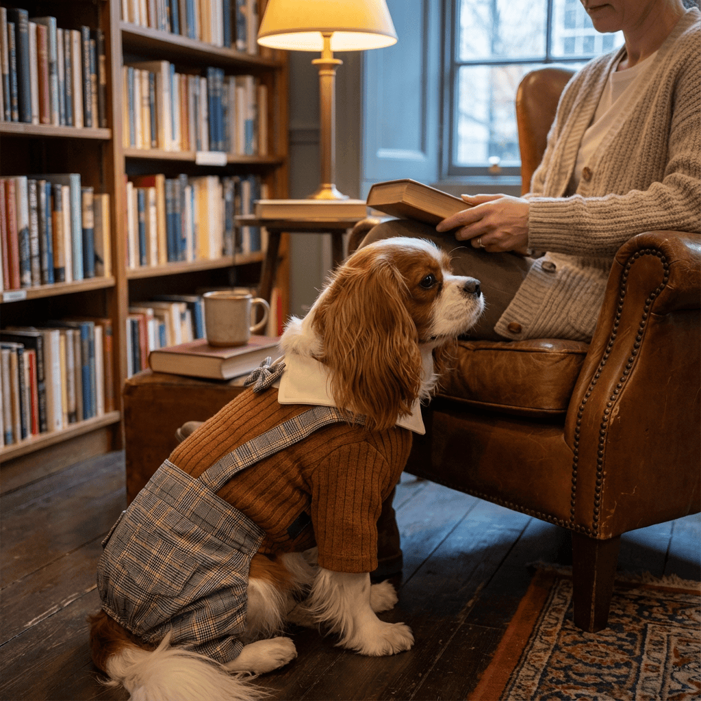 CozyPaws Knitted Dog Jumpsuit on a cute dog in a cozy library setting, designed for warmth and style.