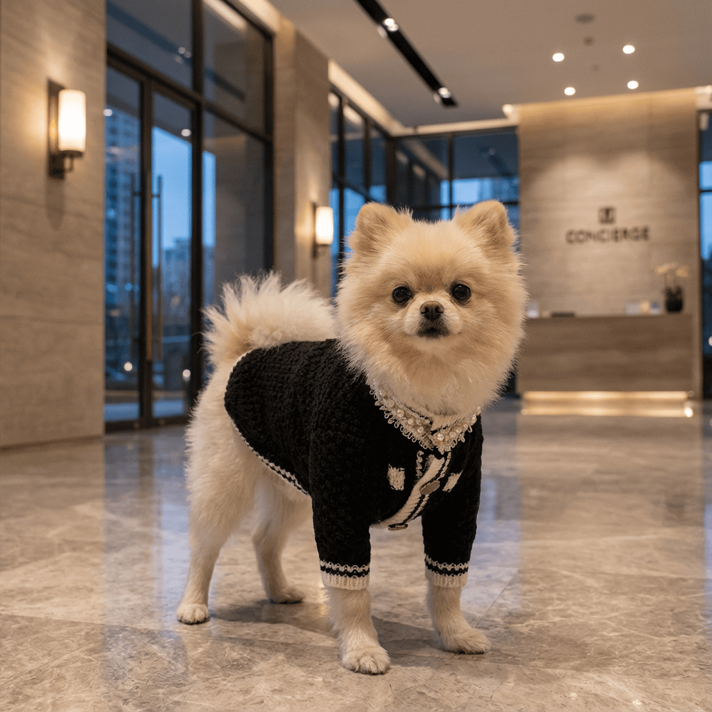 CozyPet Designer Sweater on a Pomeranian dog in a stylish setting, offering comfort and warmth for dogs and cats.