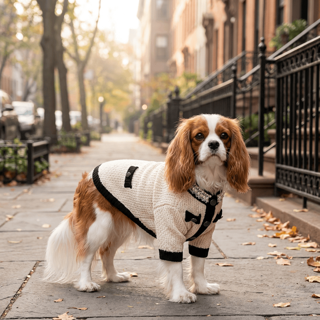 CozyPet Designer Sweater on a Cavalier King Charles Spaniel dog in a cozy autumn street setting.