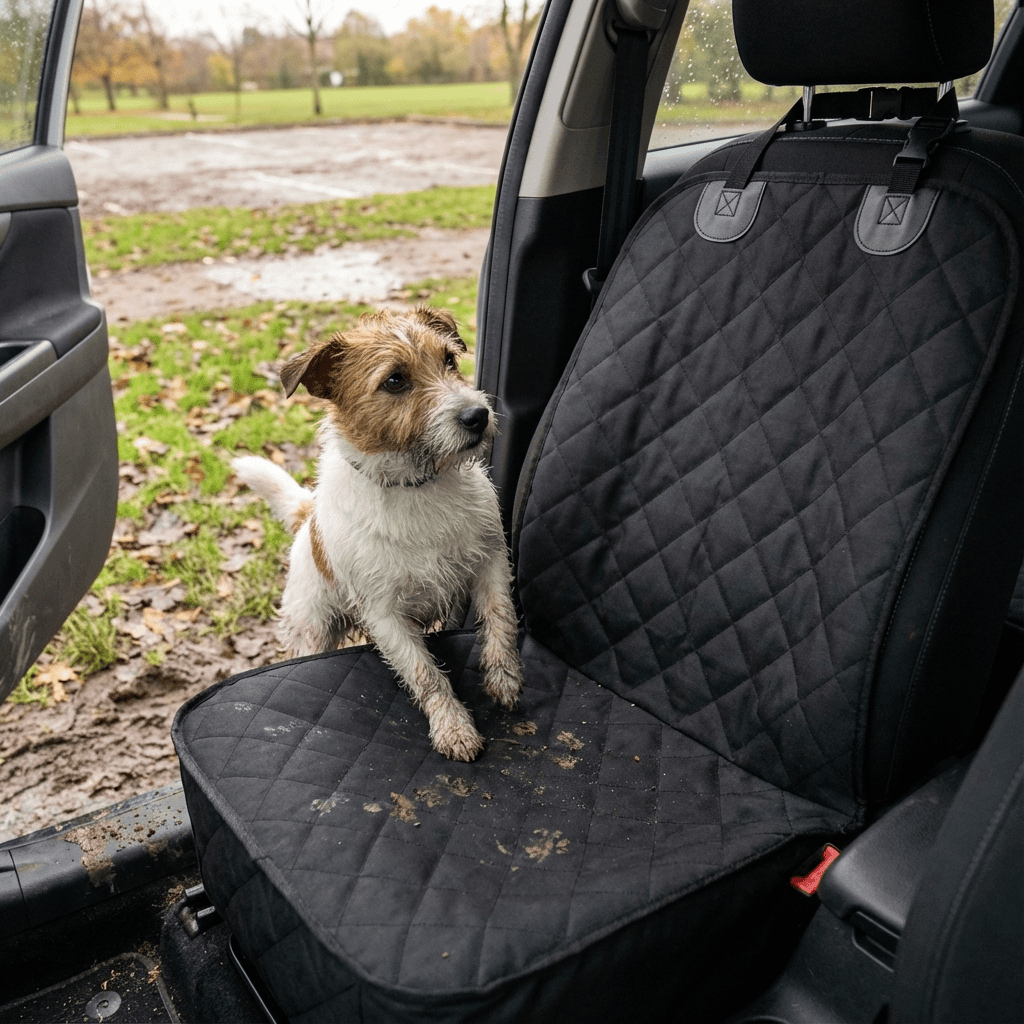 CozyRide Deluxe Dog Car Booster Seat in use, featuring a dog on a black quilted seat, ideal for safe travel.