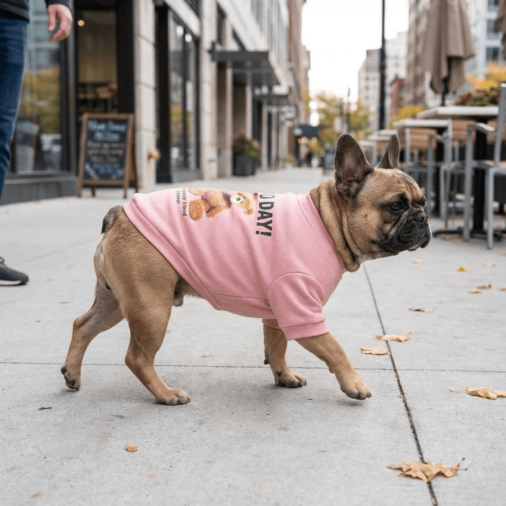 CuddleBear Pet Sweater on a French Bulldog, cozy design for dogs and cats, perfect for winter wear.