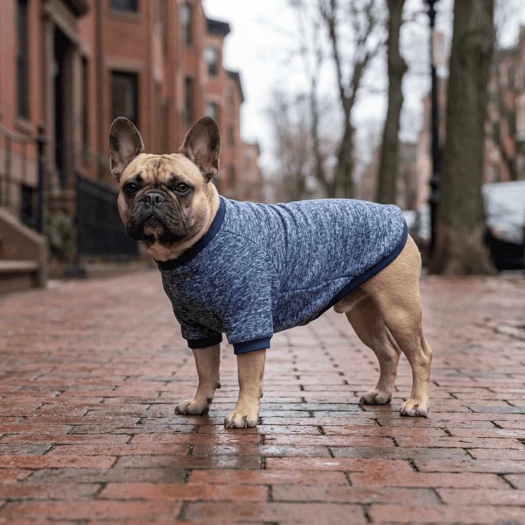 French Bulldog wearing EverWarm Knit Dog Sweater on a brick street, showcasing comfort and warmth for larger dogs.