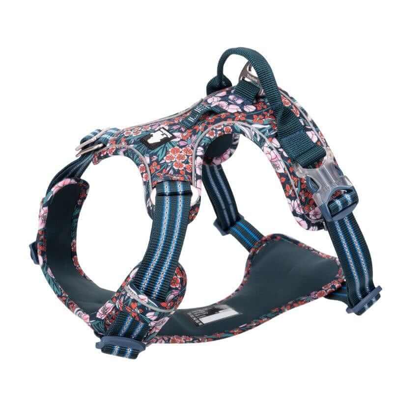 FloraComfort Dog Harness, floral-patterned harness, adjustable straps, durable, suitable for small to large dogs, Dogs & Cats brand.