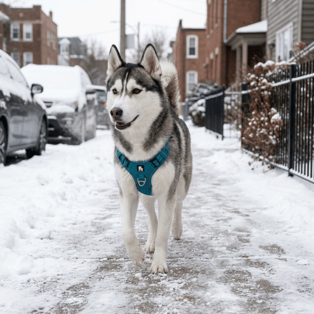 GlowGuard No-Pull Dog Harness on a medium Siberian Husky walking in snowy weather, showcasing comfort and visibility.
