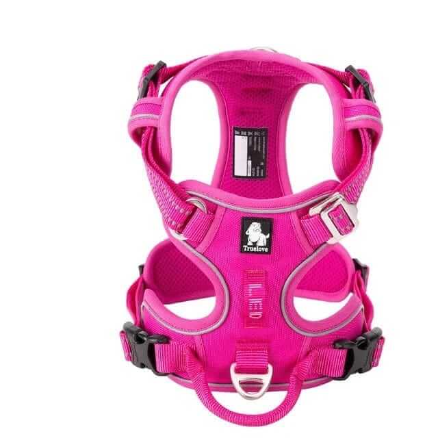 GlowGuard No-Pull Dog Harness in bright pink, featuring durable nylon, adjustable fit, and reflective stitching for visibility.