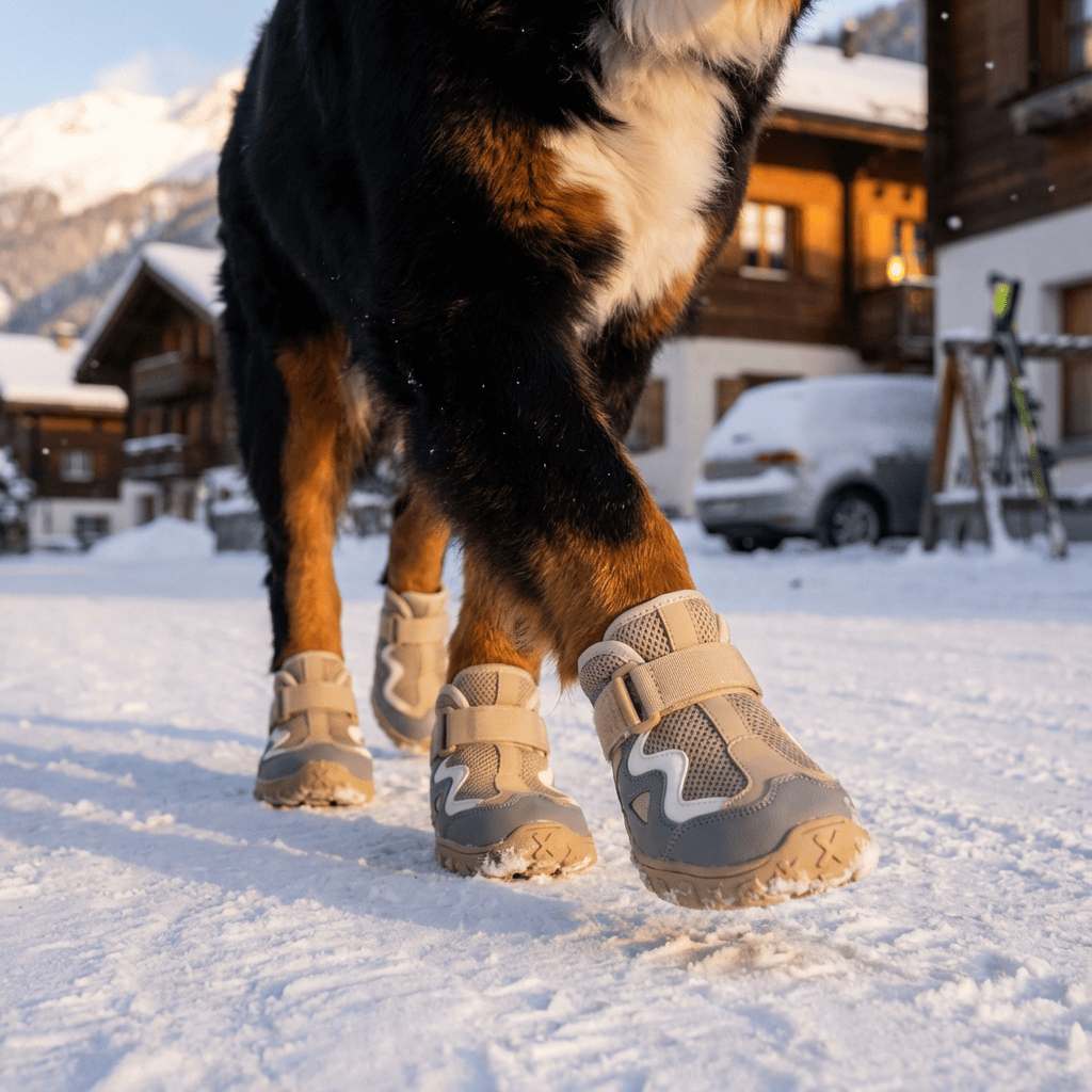 GripGuard Dog Shoes on a dog walking in snow, featuring traction, comfort, and safety for Dogs & Cats.