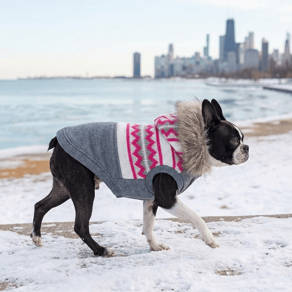 High Roller Fur Collar Trench Coat on a dog, featuring fur trim and warm fabric for comfort from Dogs & Cats brand.