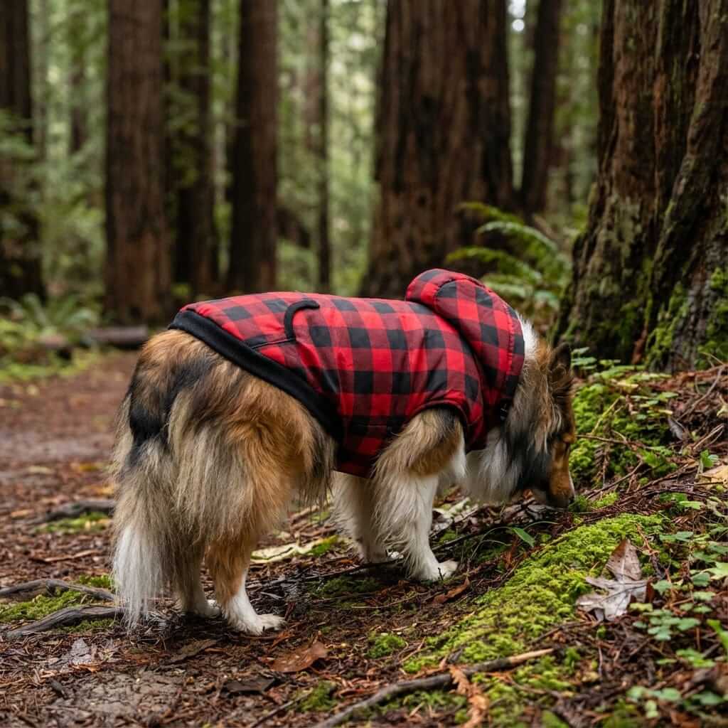Kangaroo Pocket Plaid Dog Hoodie on a dog in the woods, featuring a plaid pattern and cozy design for dogs and cats.