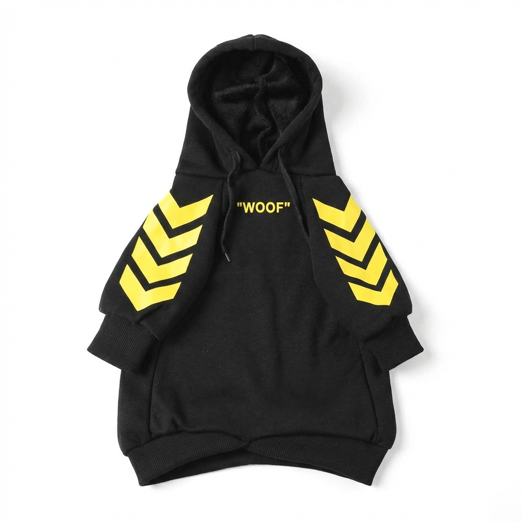 Keji Schnauzer Lawyer Dog Sweatshirt featuring a black hoodie with yellow accents and 'WOOF' text for stylish dog warmth.