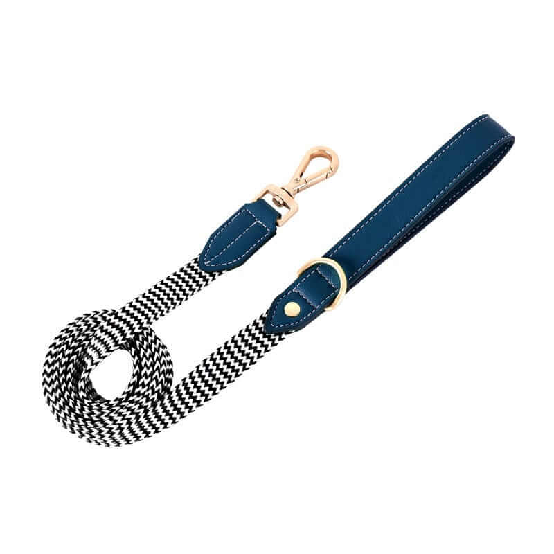 LuxPaw Knitted Leather Harness, stylish dog leash with blue leather and braided design for comfort.