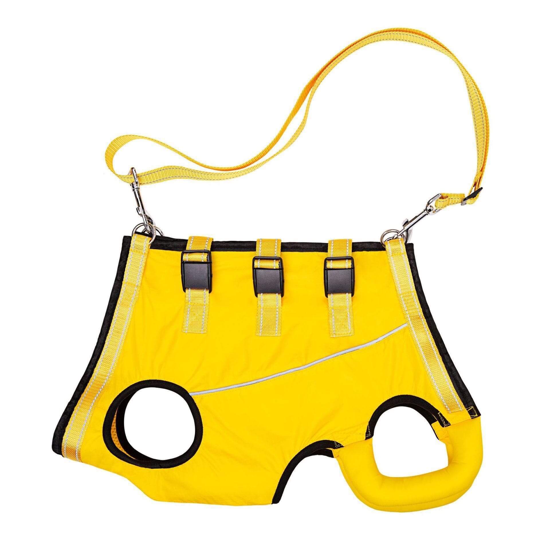 MobilityLift Dog Support Harness in bright yellow, soft and durable, designed for supporting dogs with mobility challenges.