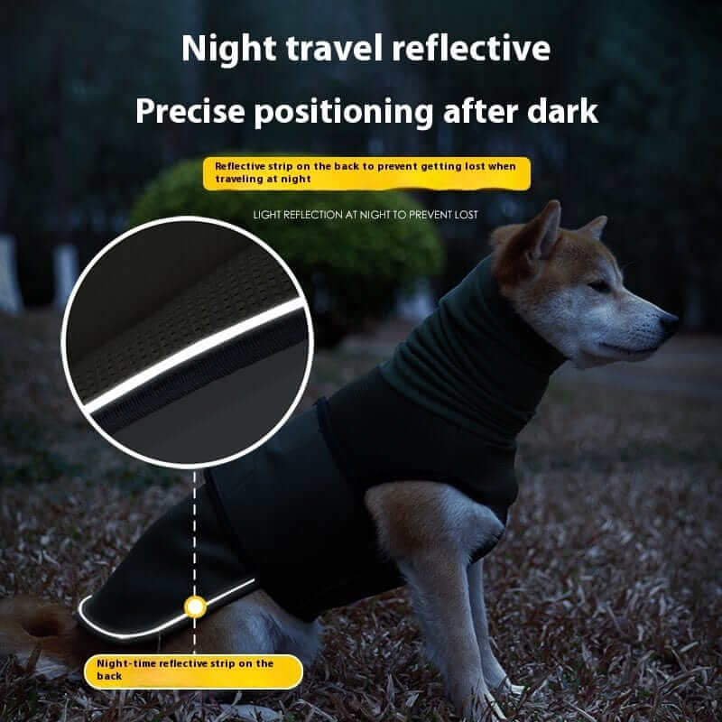 CalmEase Dog Anxiety Vest on a dog, features night travel reflective strip for safety in the dark.
