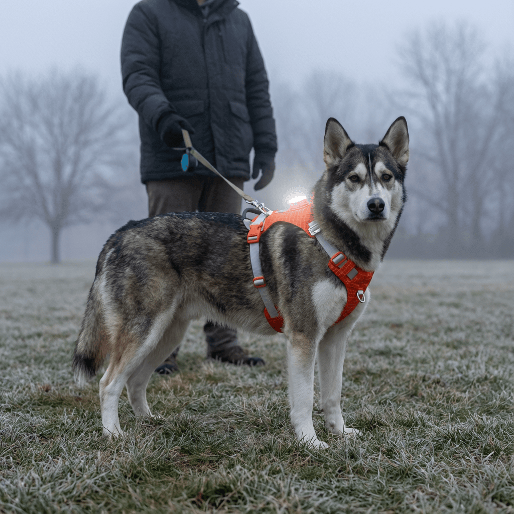 NightBright LED Dog Harness on a dog in a foggy park, featuring a rechargeable LED light for visibility.