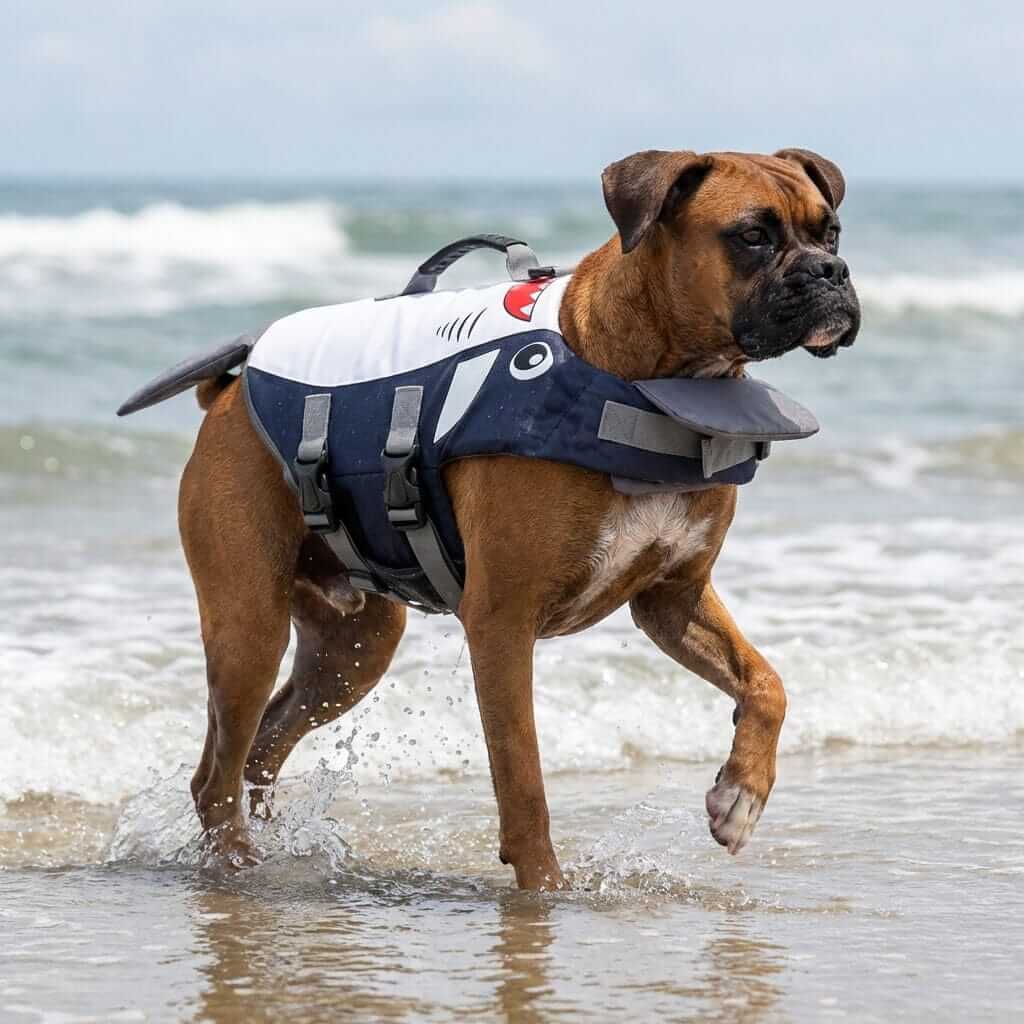 OceanGuard Shark Dog Life Vest on a playful dog at the beach, ensuring safety and buoyancy in water activities with durable materials.