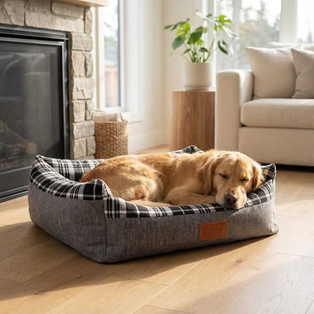 Golden retriever resting in the PlaidPaws Pet Bed Lounger, offering comfort and style for dogs and cats.
