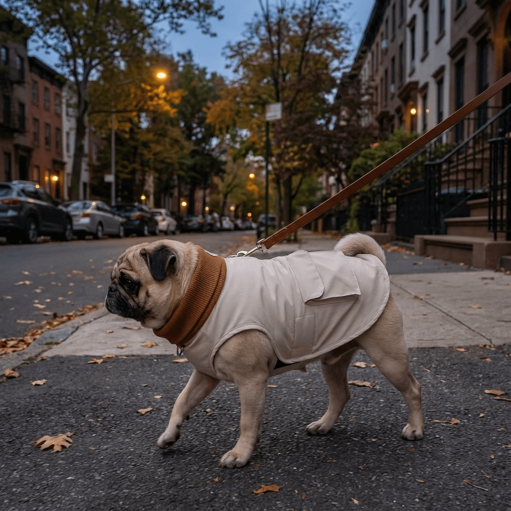 PupShield Waffle Dog Jacket on a pug walking outdoors, featuring windproof and waterproof design by Dogs & Cats.