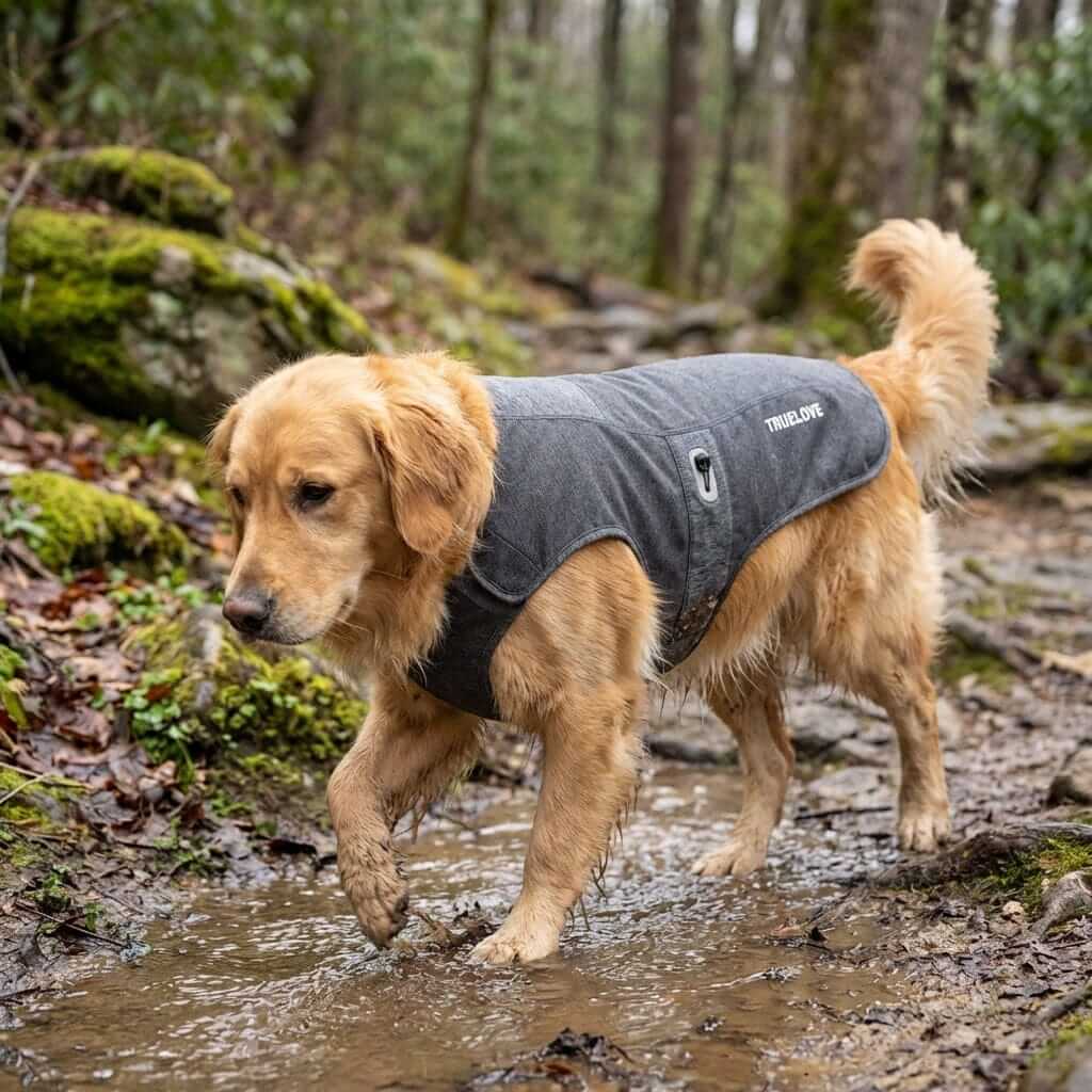 Dog wearing PureGuard Antibacterial Comfort Coat while walking in the forest, showcasing breathable protection and ergonomic fit.