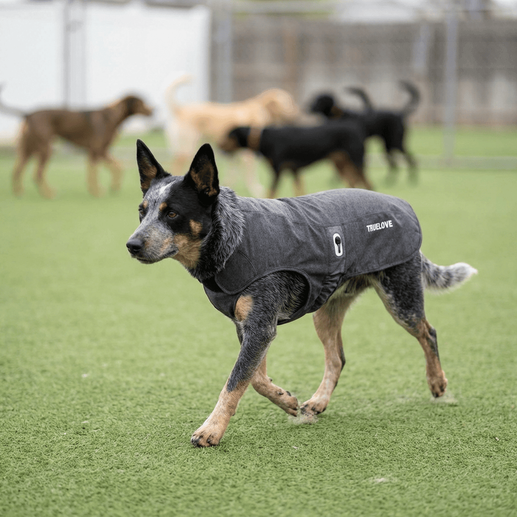 Dog wearing PureGuard Antibacterial Comfort Coat for breathable protection and comfort while playing outdoors.
