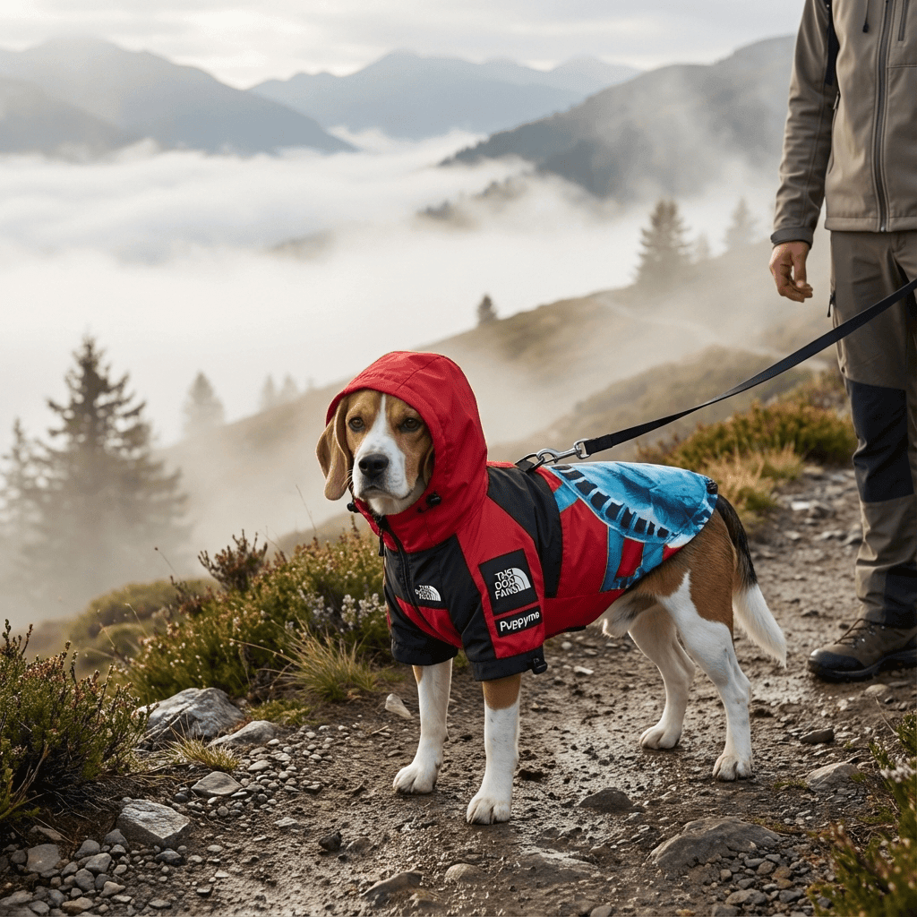 RainPaw Statue Dog Slicker on Beagle, waterproof jacket for dogs, stylish and functional for rainy weather.