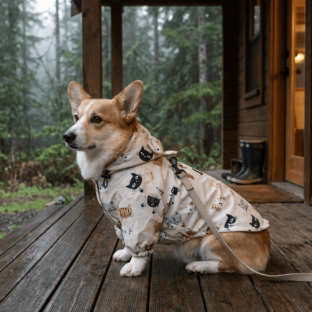 RainShield Dog Jacket on a Corgi, featuring waterproof design and pet-friendly style for Dogs & Cats.