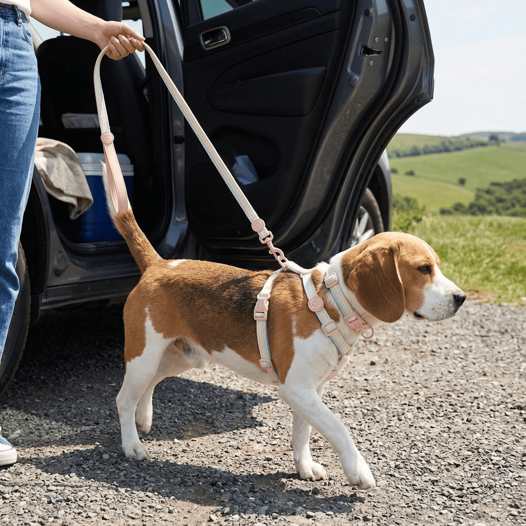 RetroRecord Dog Harness Set with a Beagle walking on a leash, showcasing vintage style and comfort.
