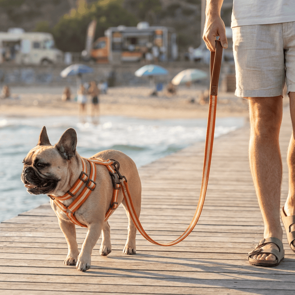 RetroRecord Dog Harness Set on a French Bulldog during a beach walk, showcasing vintage style and comfort for dogs.