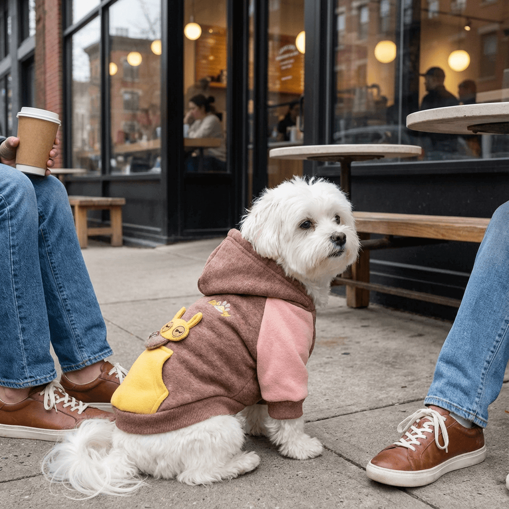 SnugglePup Dog Hoodie on small white dog, featuring cozy comfort for dogs and cats in winter adventures.