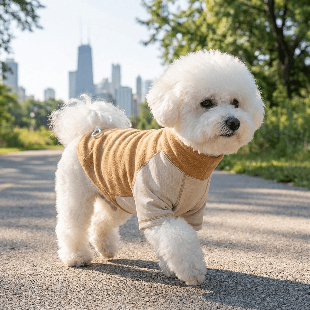 Adjustable Fleece Dog Sweatshirt on a fluffy dog walking in the park, ideal for chilly weather and comfort.