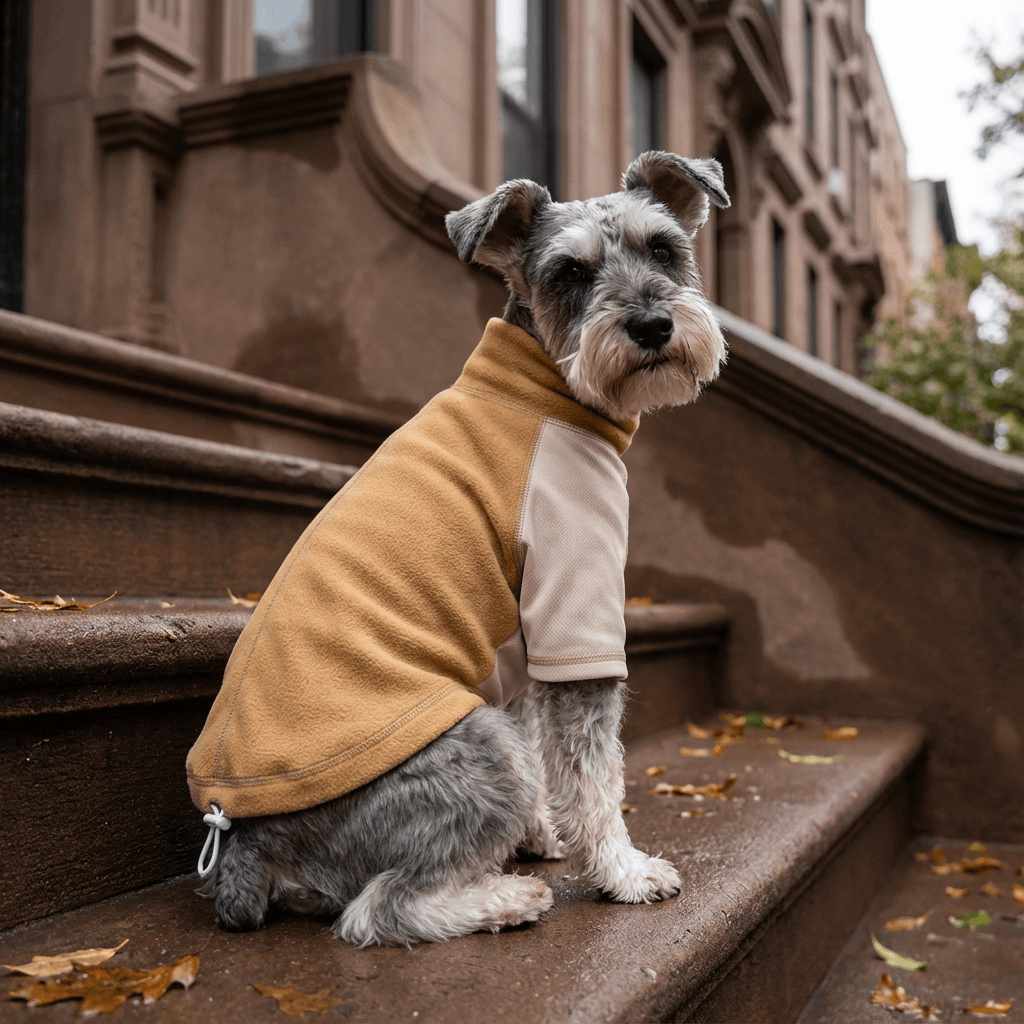 Adjustable Fleece Dog Sweatshirt on a dog sitting on steps, featuring fleece material and adjustable hem for warmth.